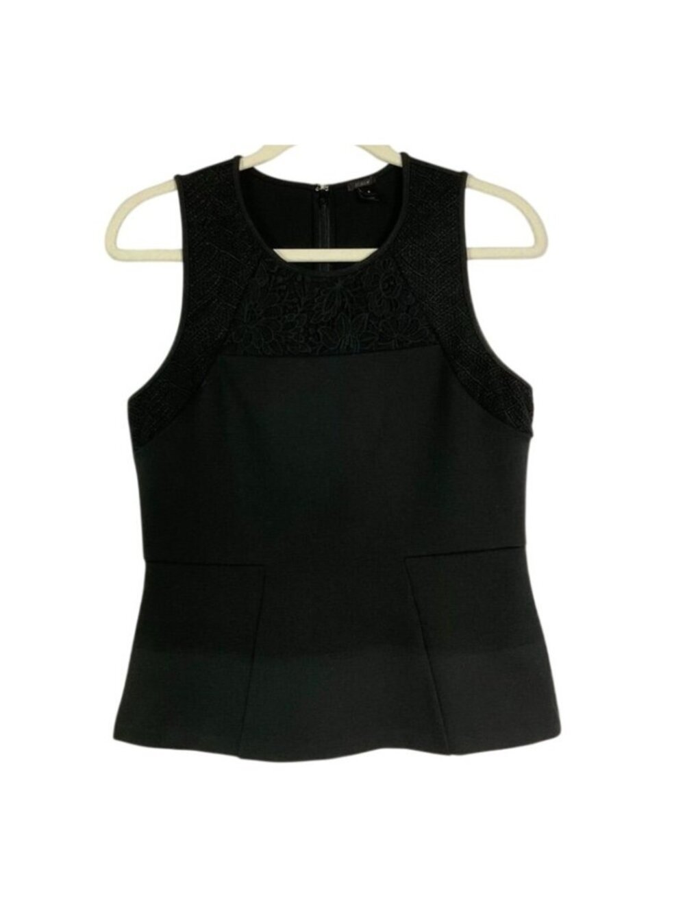 J. Crew Black Structured Mixed Lace Peplum Shell Sleeveless Top, Small, Style A6